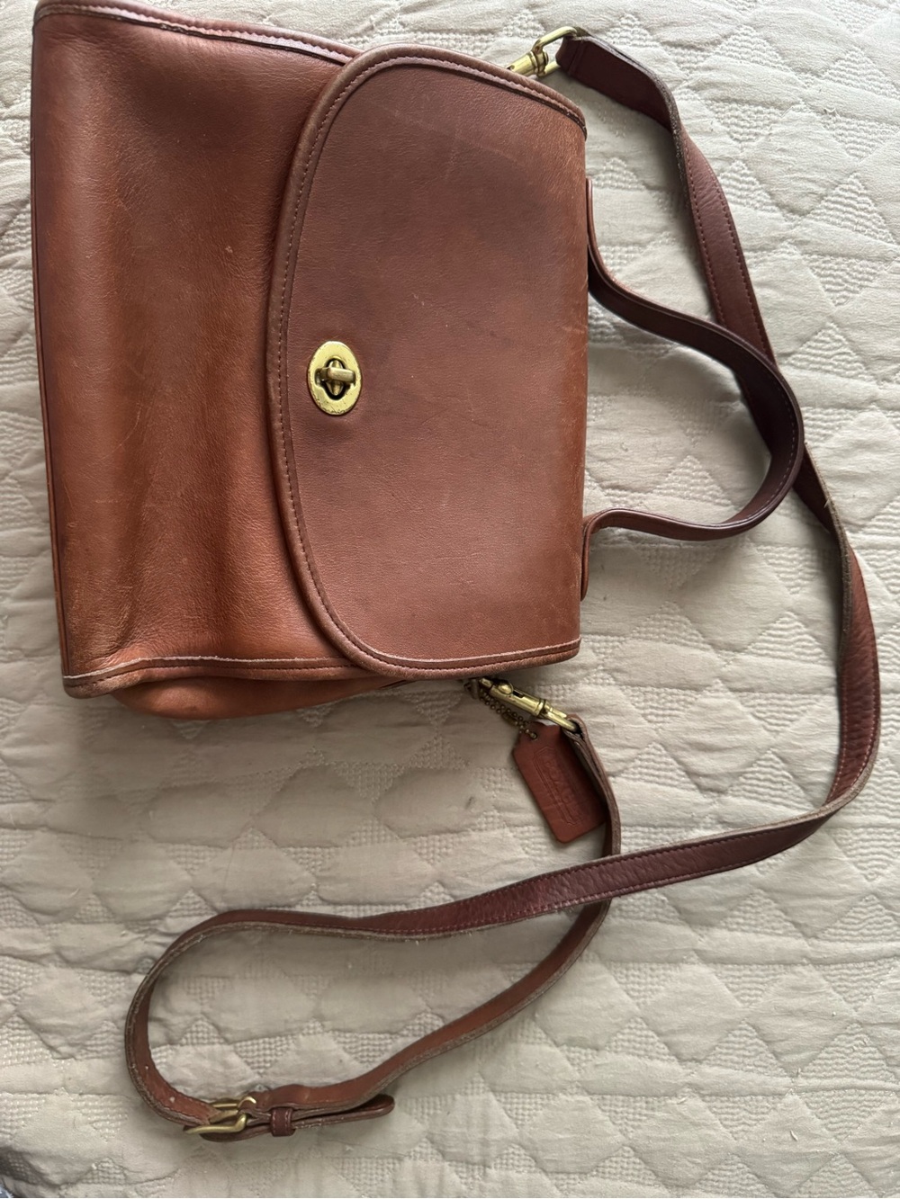 Coach Brown Leather Messenger Bag with Gold-Tone Turn Lock
